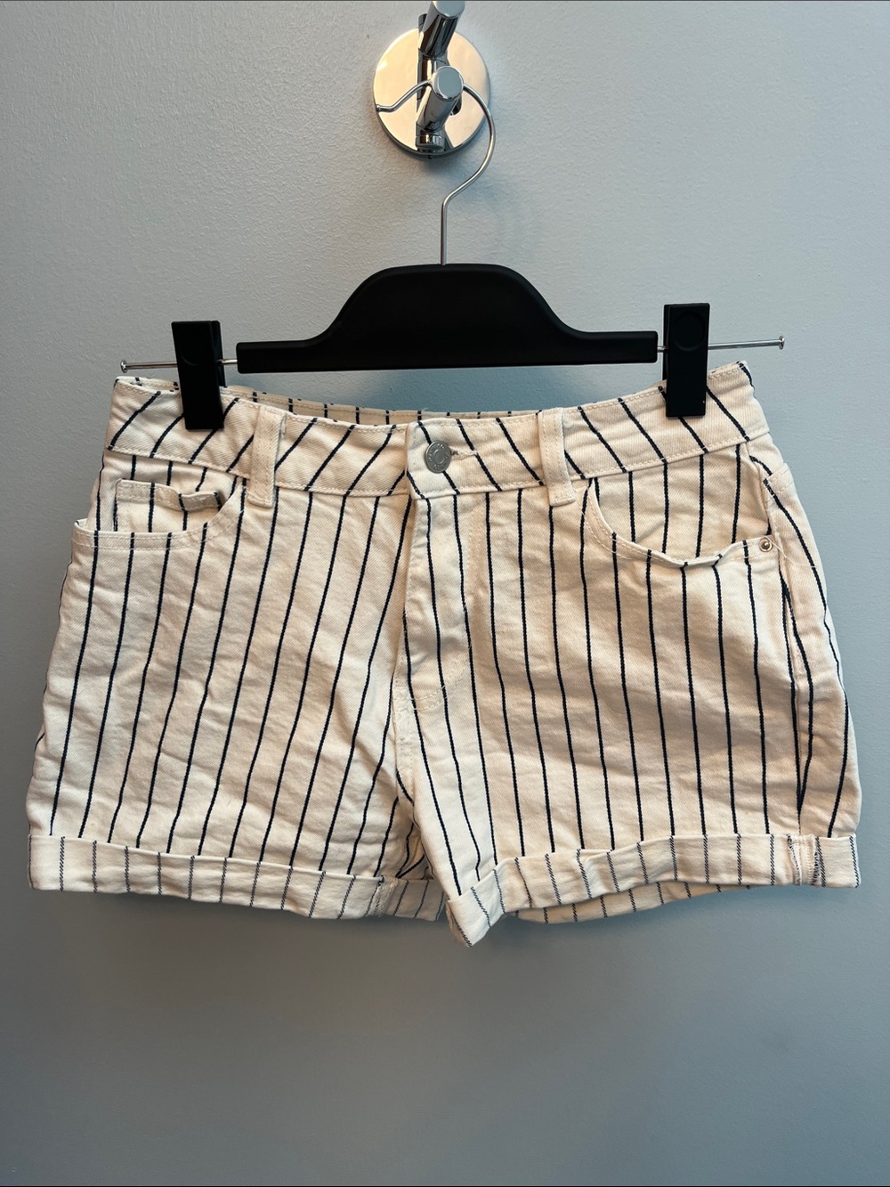 Primark Cream Shorts with Navy Blue Pinstripes